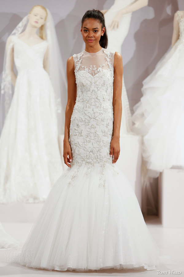 tony ward spring 2016 new york bridal market runway angelica sleeveless wedding dress illusion neckline embellished bodice fit flare mermaid