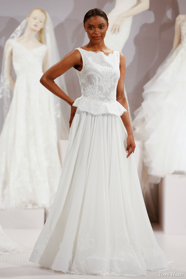 tony ward spring 2016 new york bridal market runway cypress sleeveless peplum top wedding dress a line skirt