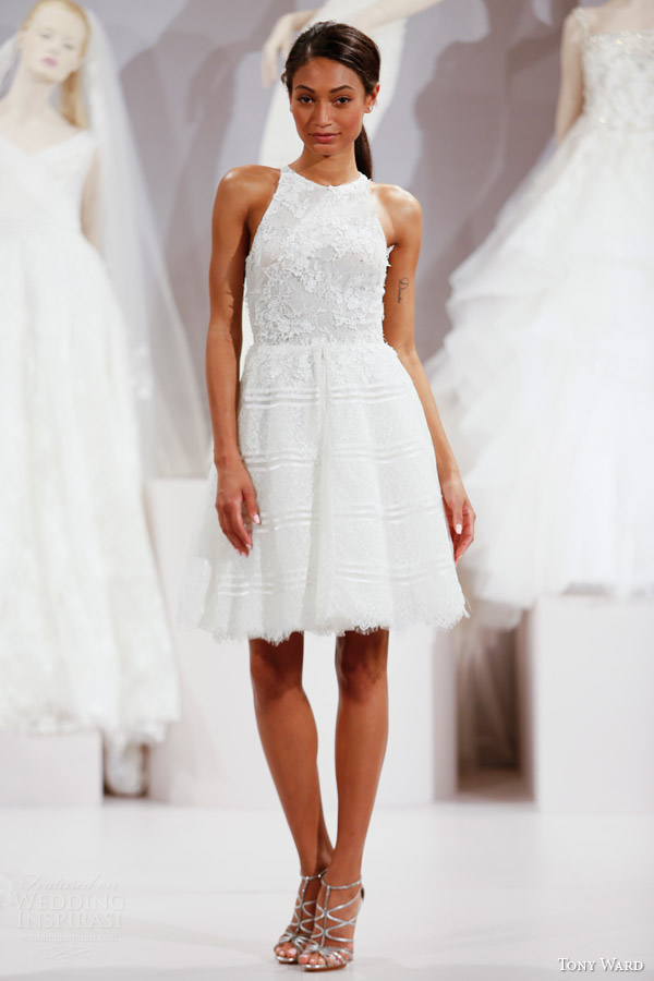 tony ward spring 2016 new york bridal market runway daniella sleeveless short wedding dress lace bodice