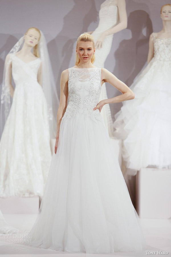 tony ward spring 2016 new york bridal market runway eglantine sleeveless wedding dress embroidered bodice