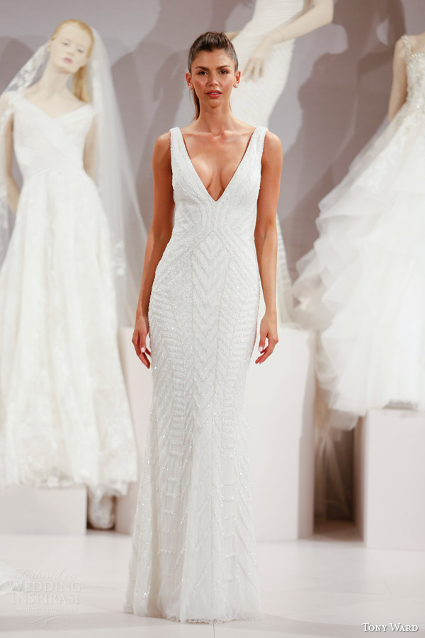 tony ward spring 2016 new york bridal market runway galica sleeveless sheath wedding dress deep v neckline beading