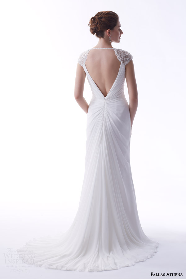 venus bridal fall 2015 pallas athena pa9226 chiffon ruched bodice beaded cap sleeves wedding dress back view train