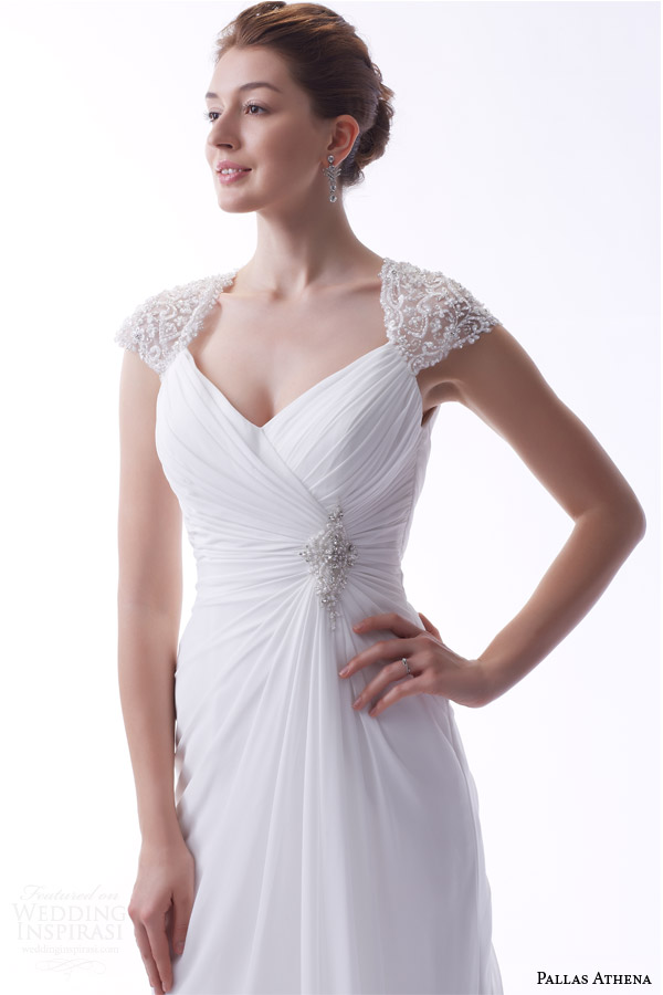 venus bridal fall 2015 pallas athena pa9226 chiffon ruched bodice beaded cap sleeves wedding dress
