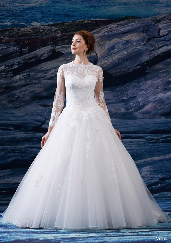 venus bridal fall 2015 venus collection ve8200 wedding dress sweetheart neckline lace illusion jewel neckline long sleeves