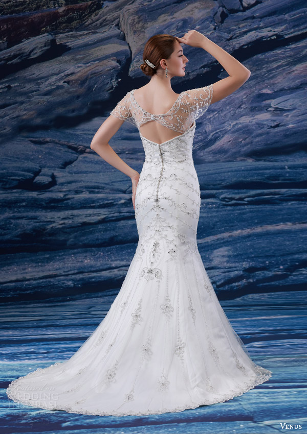 venus bridal fall 2015 venus collection ve8205 wedding dress beaded mermaid dress illusion flutter sleeves back view train