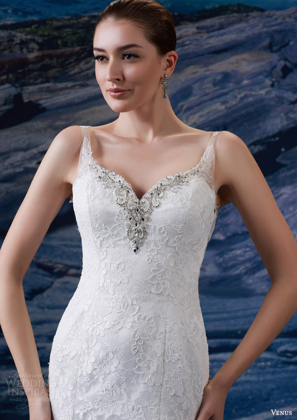 venus bridal fall 2015 venus collection ve8206 sleeveless lace beaded wedding dress sweetheart neckline illusion straps bodice close up