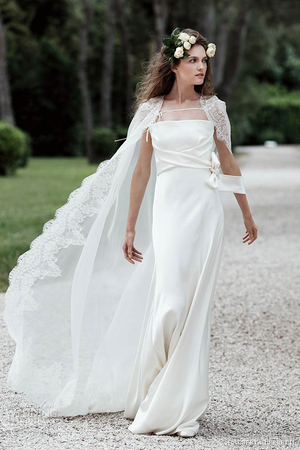 alberta ferretti bridal 2016 forever vesta strapless wedding dress lace trim cape full length