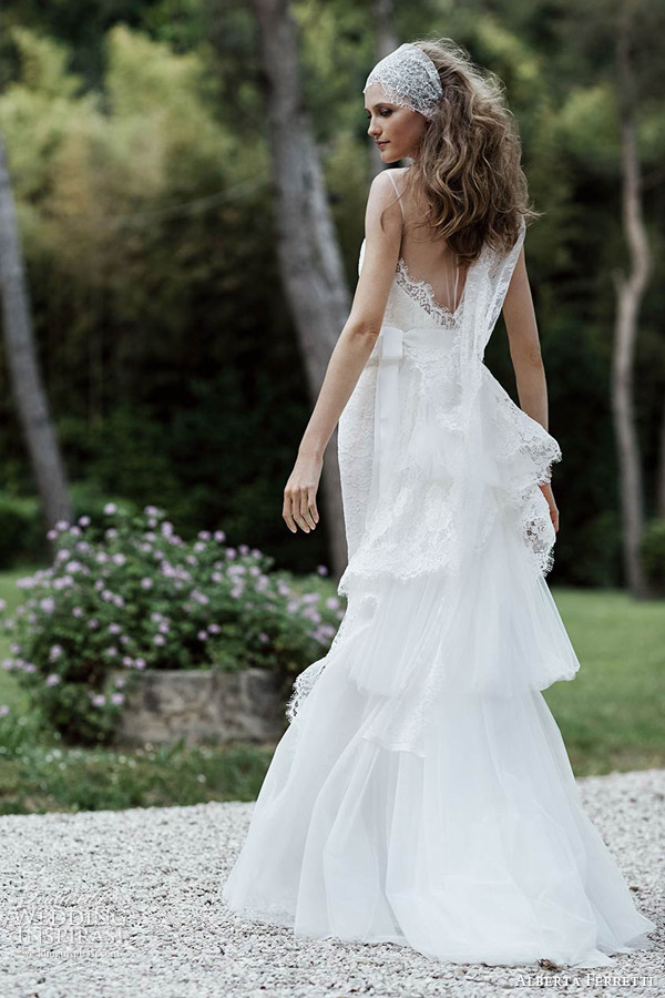 alberta ferretti bridal 2016 vittoria sleeevless lace wedding dress eyelash trim spaghetti straps ruffle train