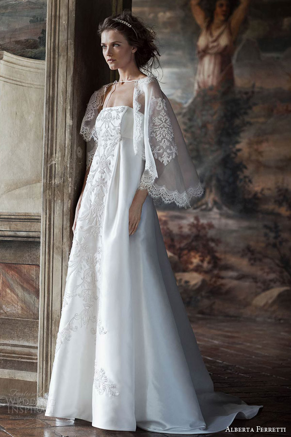 alberta ferretti bridal forever 2016 tiche strapless empire waist wedding dress embroidery lace cape capelet