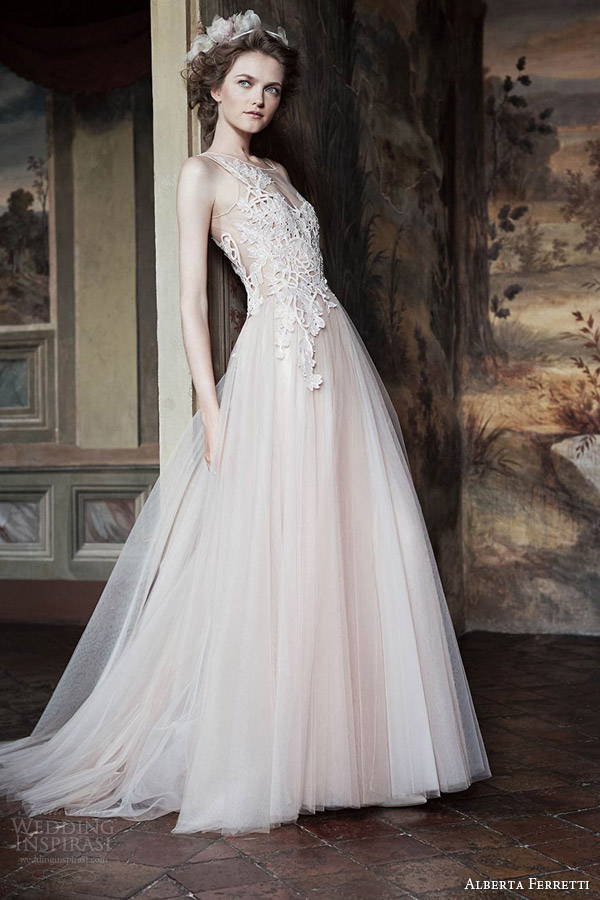 alberta ferretti bridal forever 2016 venera sleeveless blush wedding dress lace bodice illusion neckline