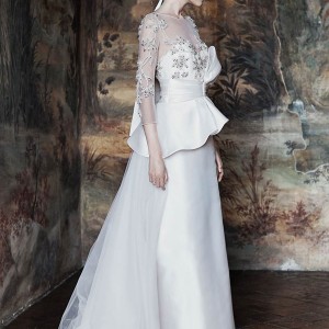 alberta ferretti bridal spring 2016 atena illusion neckline three quarter sleeves bow peplum wedding dress