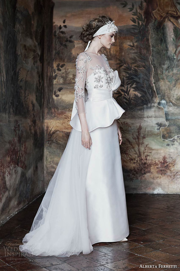 alberta ferretti bridal spring 2016 atena illusion neckline three quarter sleeves bow peplum wedding dress