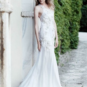 alberta ferretti bridal spring 2016 moire sleeveless wedding dress lace floral applique bodice