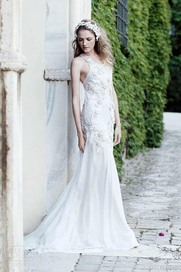 alberta ferretti bridal spring 2016 moire sleeveless wedding dress lace floral applique bodice