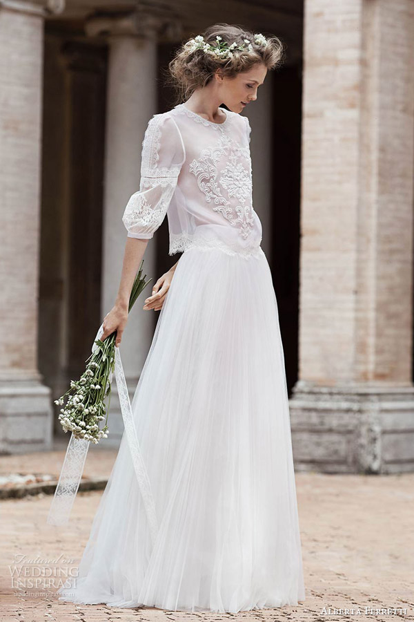 alberta ferretti bridal spring 2016 nemesi bohemian two peice wedding dress three quarter sheer top clouse