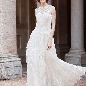 alberta ferretti bridal spring 2016 opi sleeveless wedding dress illusion neckline lace overlay