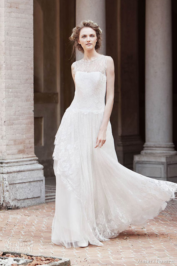 alberta ferretti bridal spring 2016 opi sleeveless wedding dress illusion neckline lace overlay