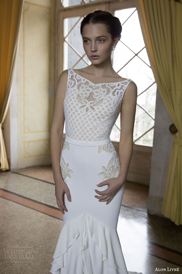 alon livne bridal 2015 marina sleeveless sheath wedding dress open lacework bodice close up