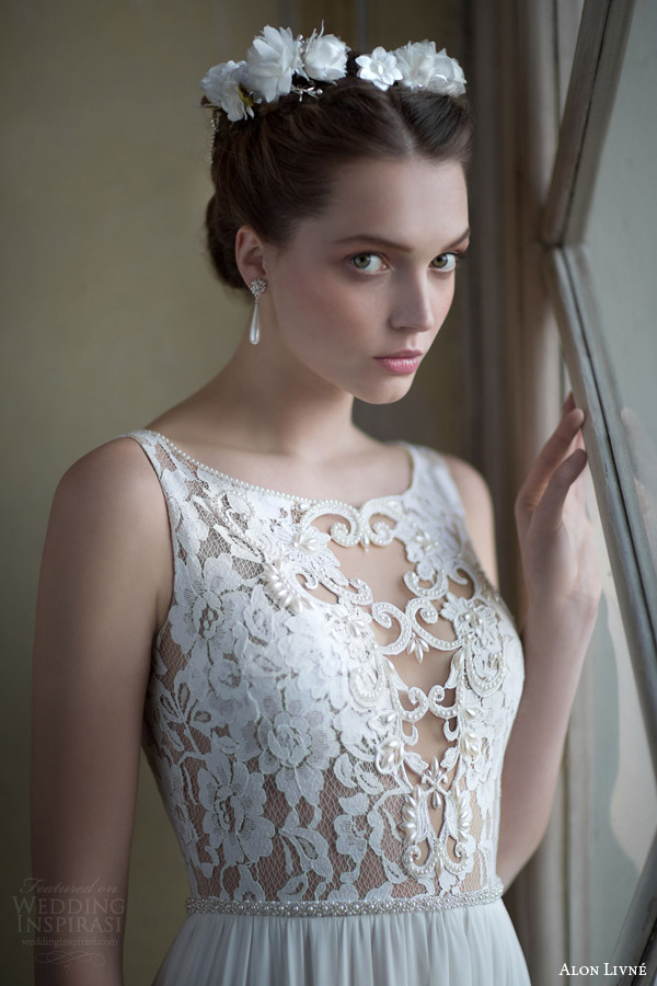 alon livne white 2015 bridal alisa sleeveless wedding dress illusion bodice close up lace beading