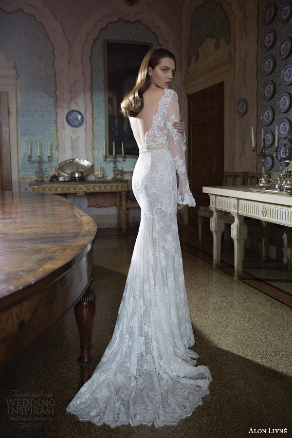 alon livne white 2015 bridal carina illusion long sleeve lace wedding dress sheath deep neckline back view full