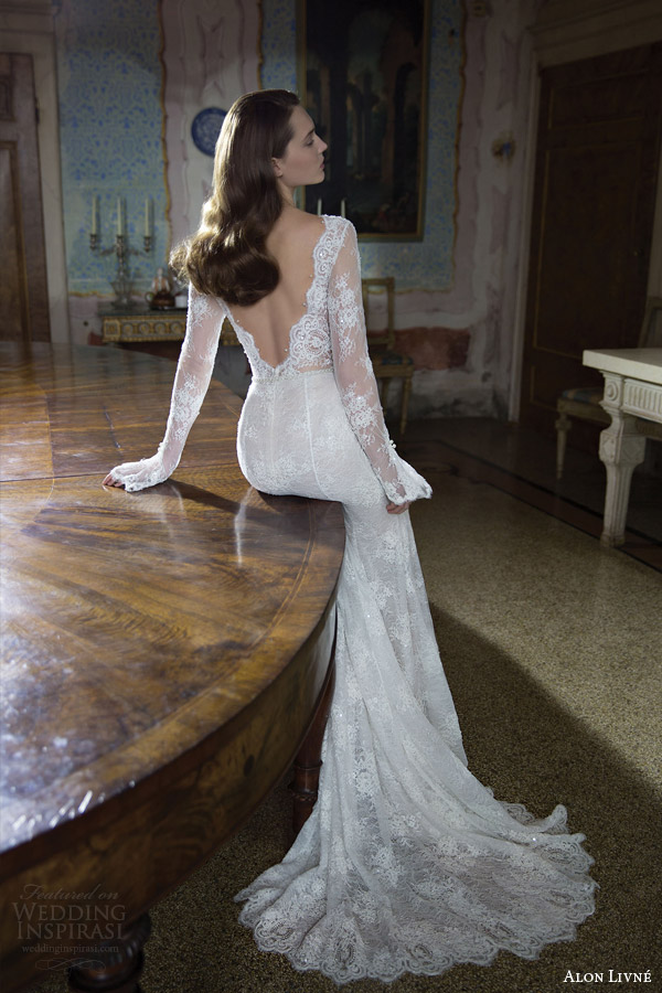 alon livne white 2015 bridal carina illusion long sleeve lace wedding dress sheath deep neckline back view train
