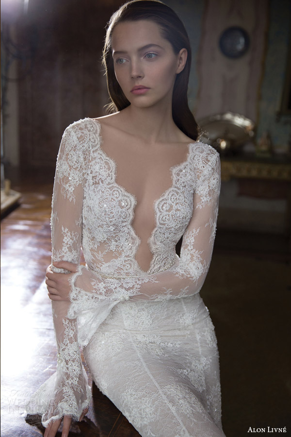 alon livne white 2015 bridal carina illusion long sleeve lace wedding dress sheath deep neckline close up view