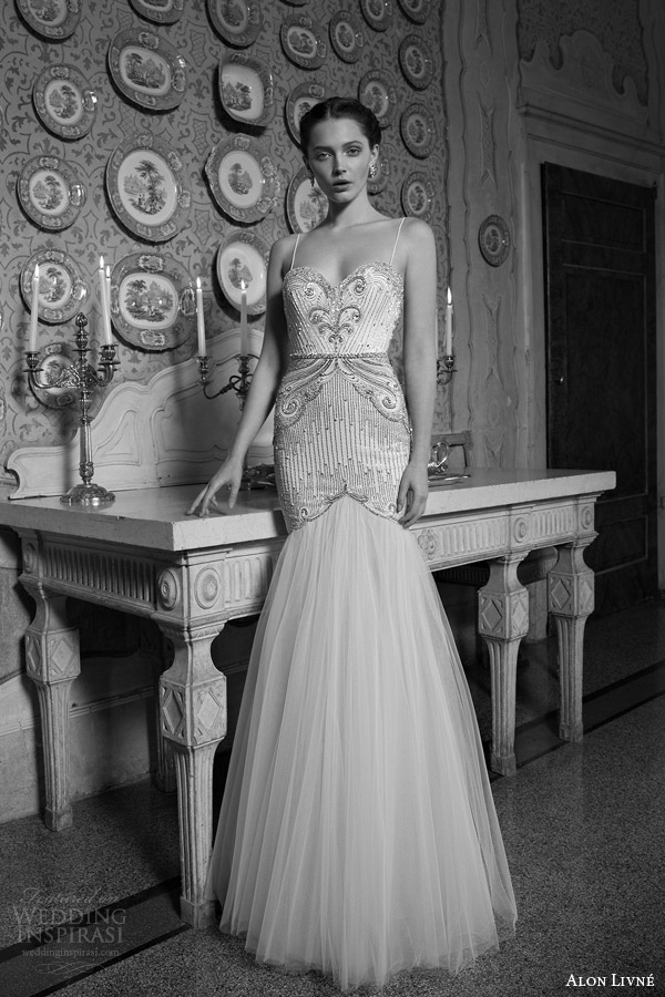 alon livne white 2015 bridal charlotte mermaid wedding dress spaghetti straps embellished bodice