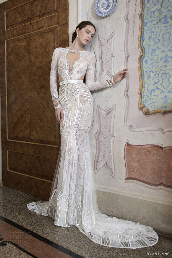 alon livne white 2015 bridal corine long sleeve wedding dress illusion keyhole bodice side cutouts bateau neckline mermaid
