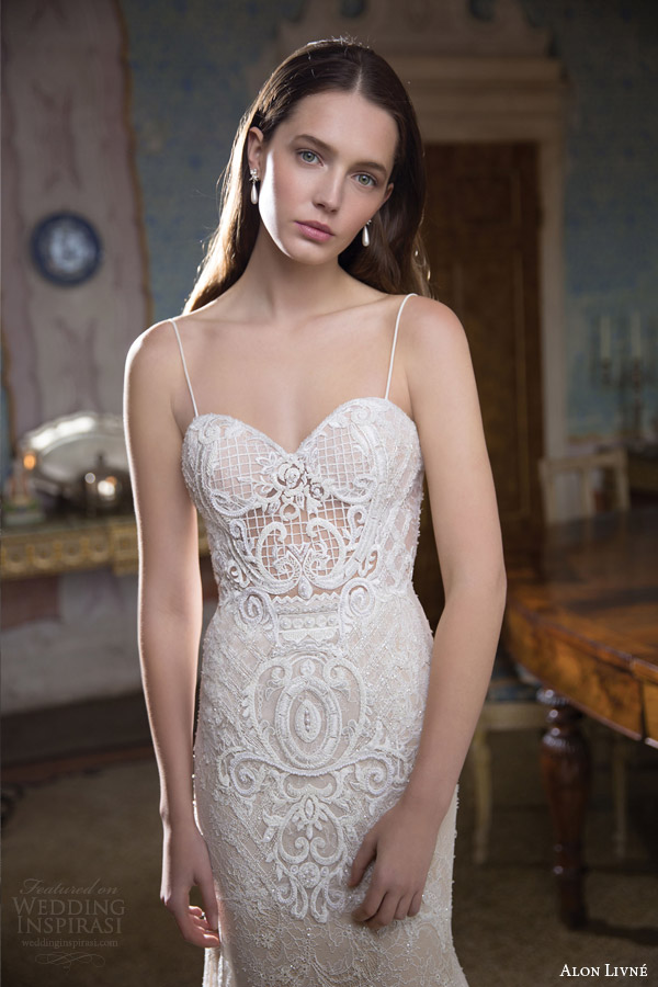 alon livne white 2015 bridal daria sheath lace wedding dress sleeveless thin straps sweetheart neckline bodice close up