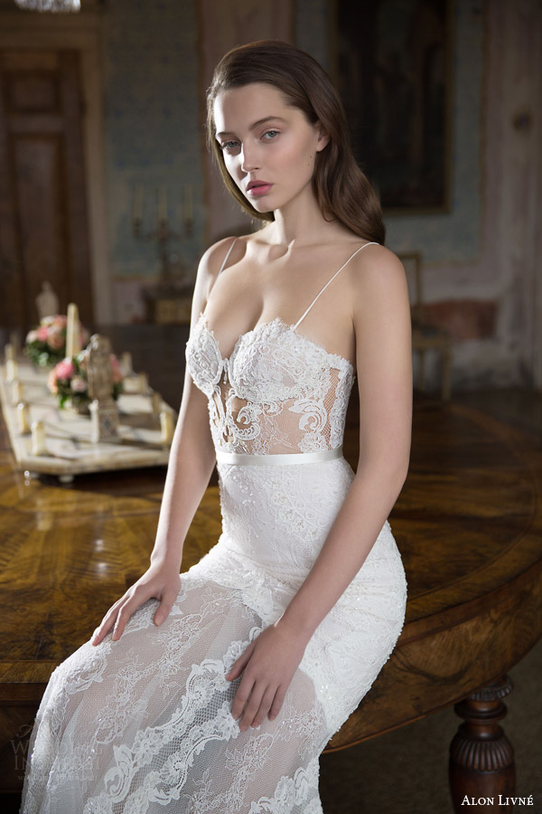 alon livne white 2015 bridal emmy fitted mermaid trumpet wedding dress lingerie straps sweetheart neckline sheer bodice close up