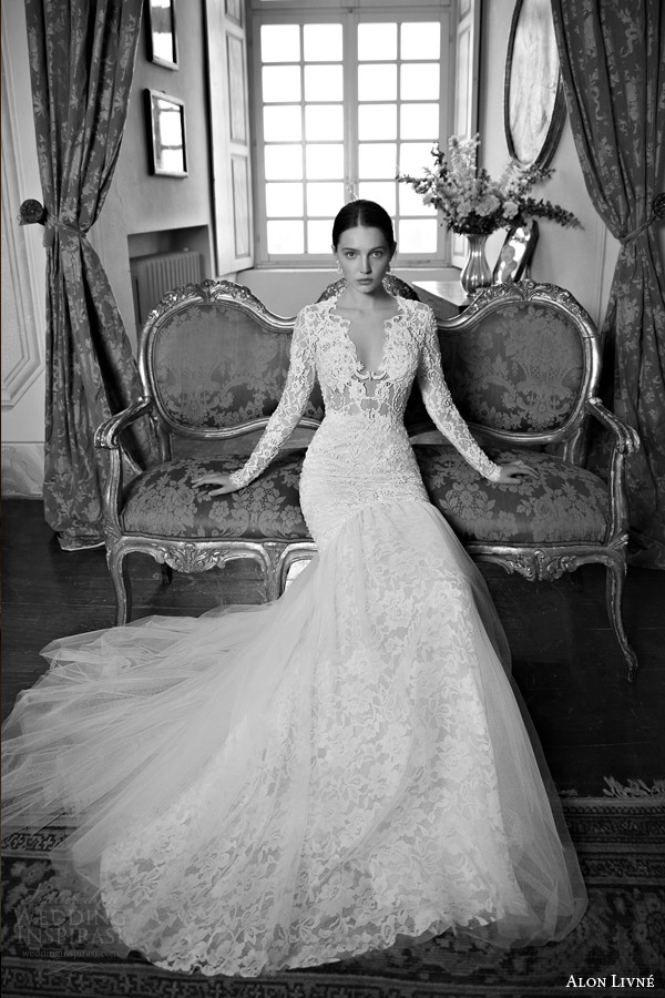 alon livne white 2015 bridal kamila long sleeve lace wedding dress mermaid skirt black white