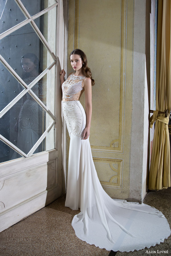 alon livne white 2015 bridal linda sleeveless wedding dress sheer beaded bodice full view train