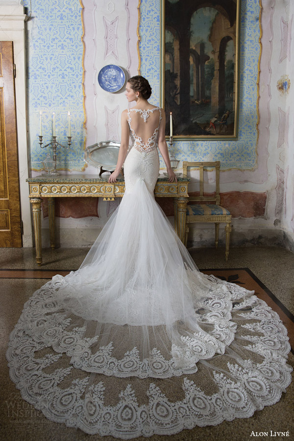 alon livne white bridal 2015 poly wedding dress heart shaped illusion back lace train view