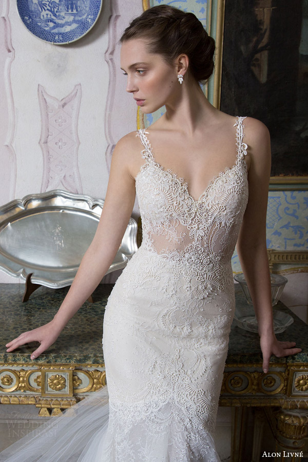 alon livne white bridal 2015 poly wedding dress heart shaped illusion front bodice lace close up