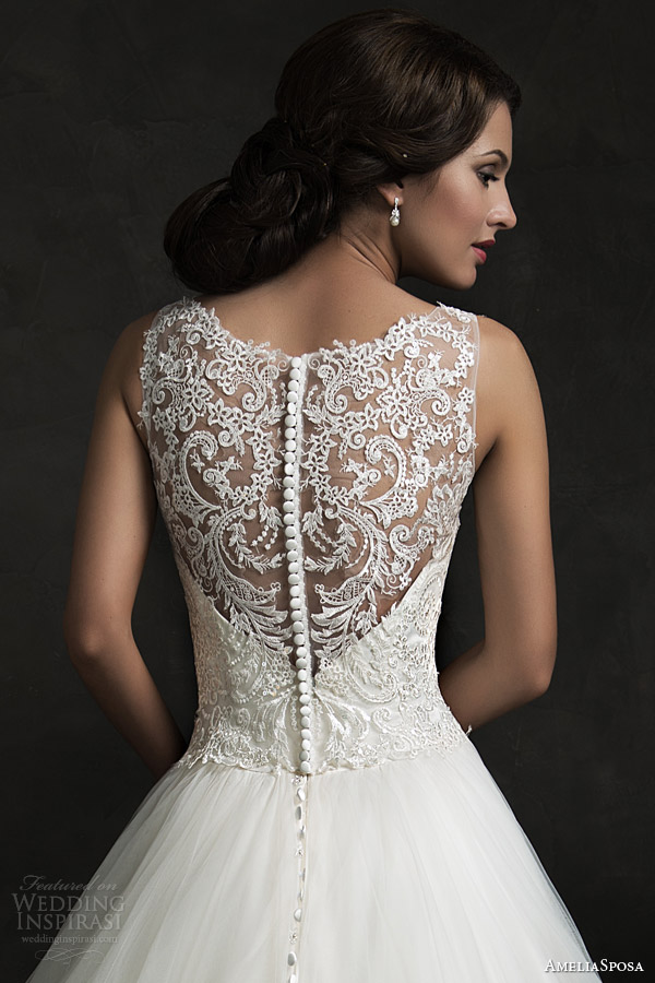 amelia sposa 2015 bridal elza sleeveless ball gown wedding dress illusion neckline back view close up