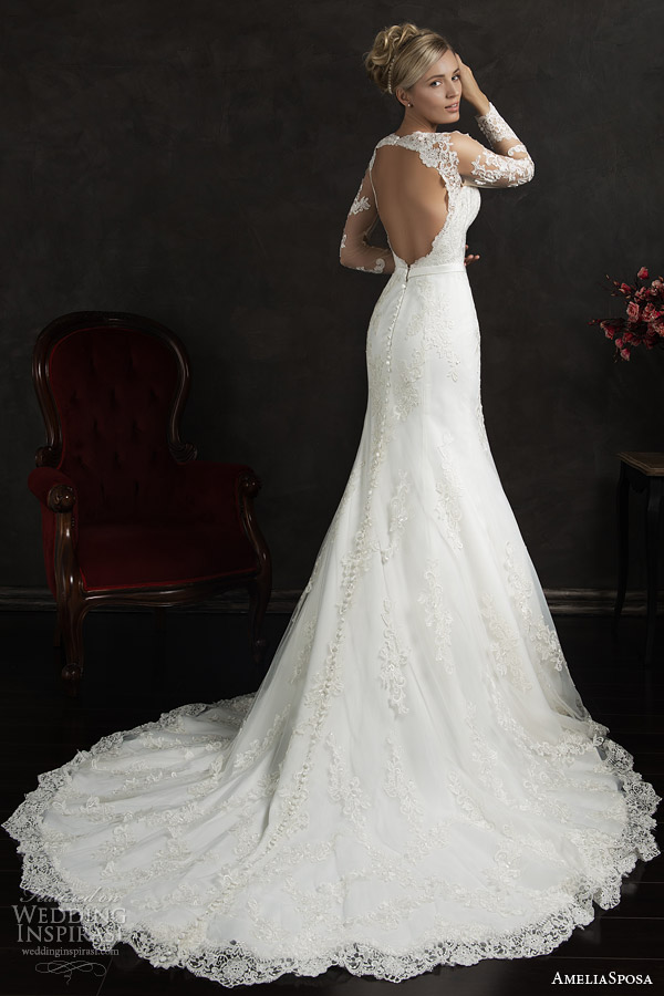 amelia sposa 2015 bridal essenia illusion long sleeve lace wedding dress trumpet silhouette keyhole back train