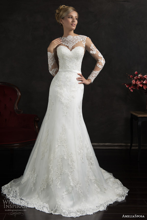 amelia sposa 2015 bridal essenia illusion long sleeve lace wedding dress trumpet silhouette