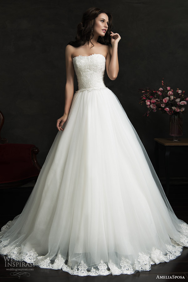 amelia sposa 2015 bridal filipina strapless ball gown wedding dress lace bodice hem skirt