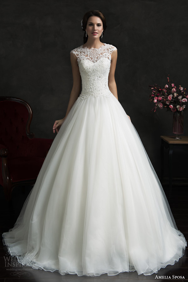 amelia sposa 2015 bridal lace cap sleeve bodice ball gown wedding dress