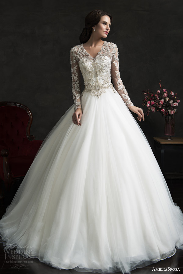 amelia sposa 2015 bridal leonor ball gown weddding dress long sleeve embellished top