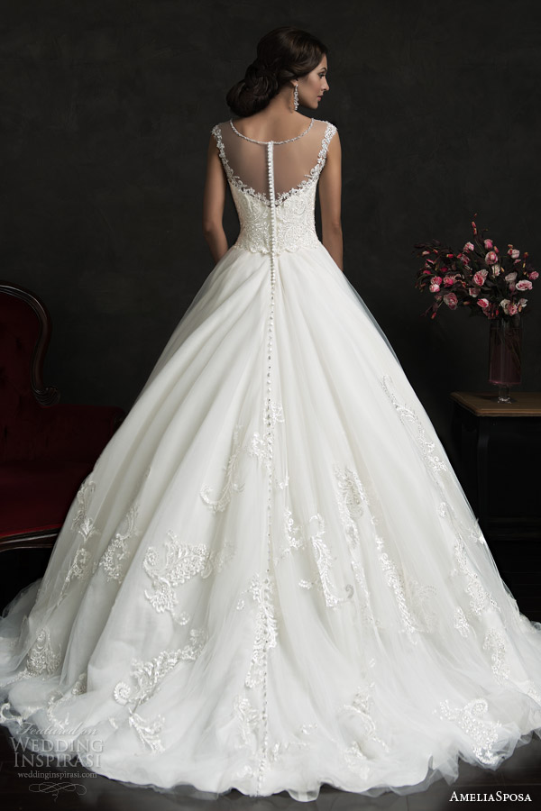 amelia sposa 2015 bridal luiza illusion neckline cap sleeve a line wedding dress back view