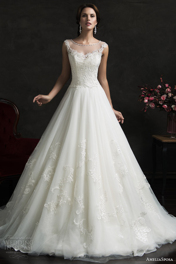amelia sposa 2015 bridal luiza illusion neckline cap sleeve a line wedding dress