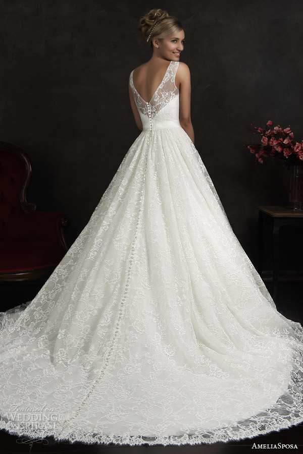 amelia sposa 2015 bridal maritza sleeveless a line lace wedding dress illusion neckline straps back view train