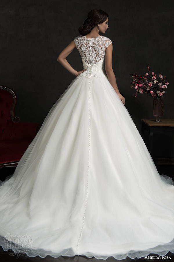 amelia sposa 2015 bridal monica lace bodice cap sleeve ball gown wedding dress back view train