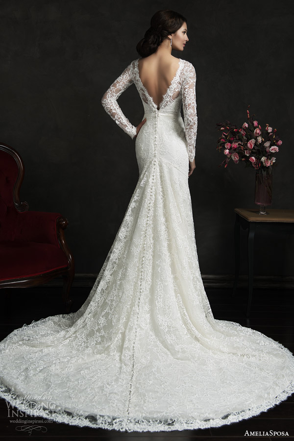 amelia sposa 2015 bridal novia long sleeve lace weddig dress illusion neckline v back view train