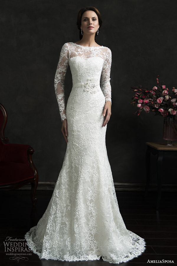 amelia sposa 2015 bridal novia long sleeve lace weddig dress illusion neckline