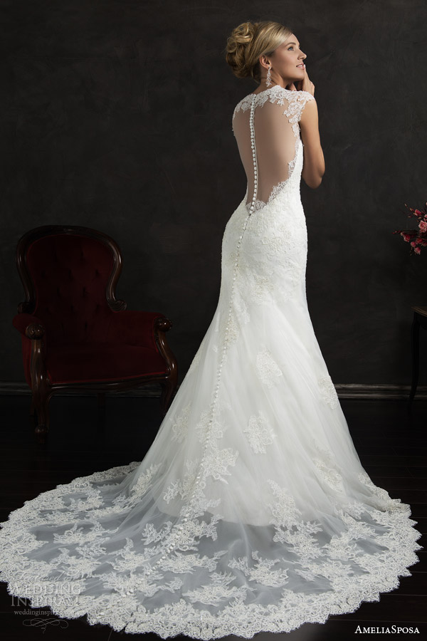 amelia sposa 2015 bridal valensia cap sleeve lace trumpet wedding dress back view train