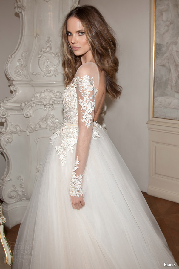 berta bridal fall 2015 illusion long sleeve wedding dress full a line silhouette lace applique bodice side view