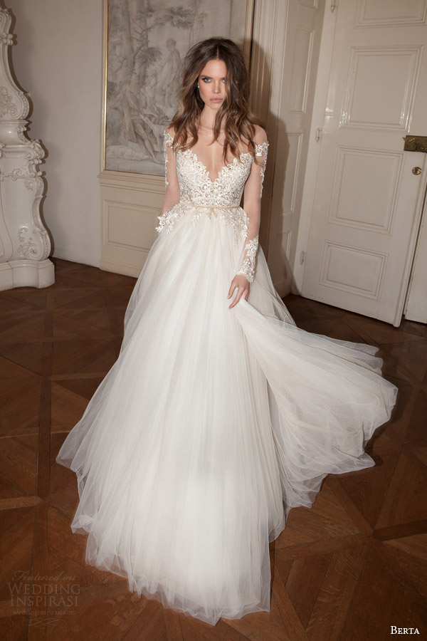 berta bridal fall 2015 illusion long sleeve wedding dress full a line silhouette lace applique bodice