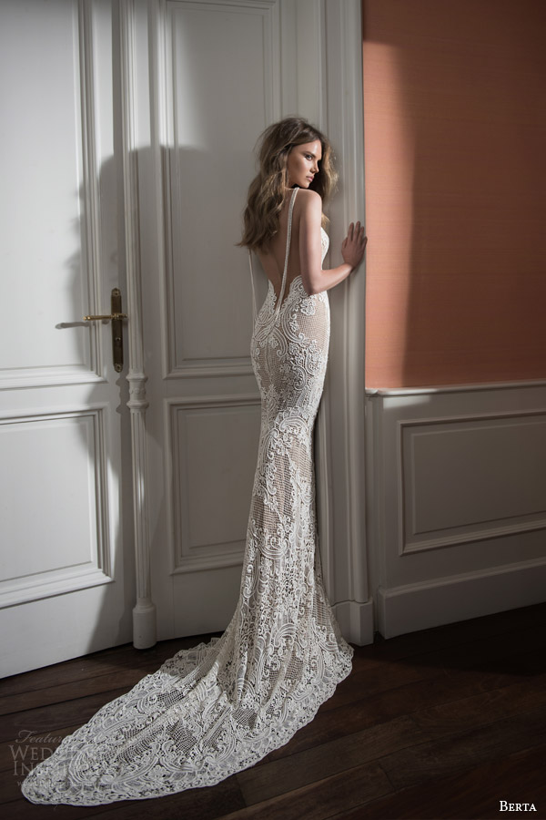 berta bridal fall 2015 illusion neckline lace sweetheart wedding dress back view draped pearl swag train